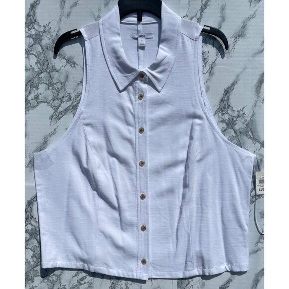 Bar III Womens White Sleeveless Button-Down Collared Top Size L Lightweight - Picture 1 of 10